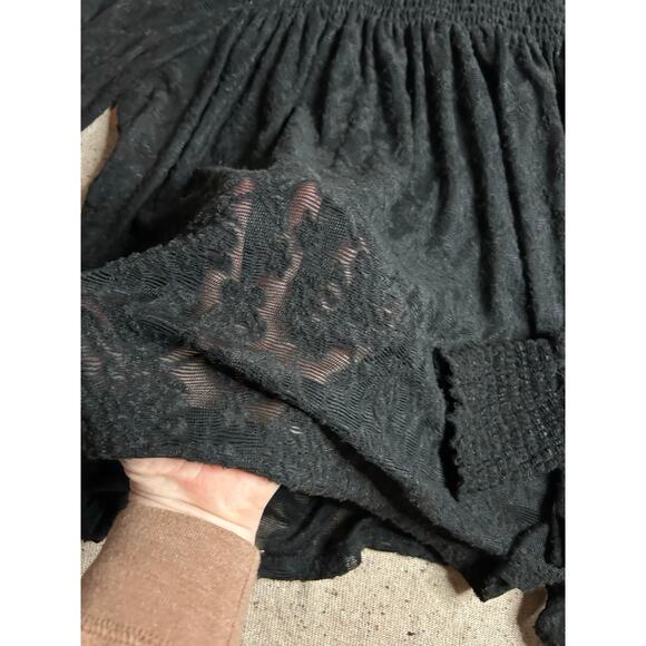 Deletta Anthropologie Black Lace Mock Neck Blouse Large Sheer Goth Fairy Witchy - Picture 2 of 9